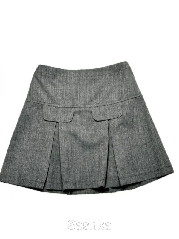 Спідниця Sashka шкільна на кокетці з клапанами однотонна сіра (напіввовна), розмір 116-152